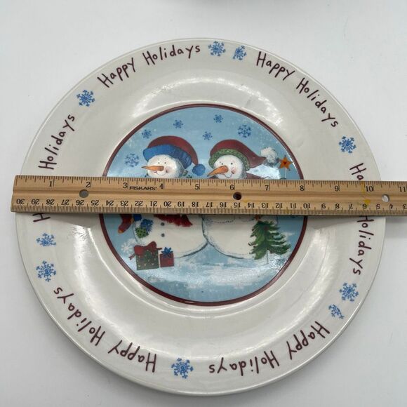 Winter Dinner Plate White Round Happy Holidays Snowflakes Snowman Couple Dish - Picture 11 of 12
